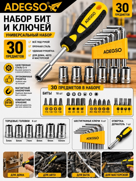 ADEGSO набор бит и ключей, 30 шт – универсальный, с эргономичной ручкой - 