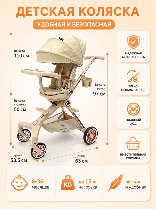 Дрон детская коляска, сиденье 360°, спинка 175°, складывается одной кнопкой, музыка
