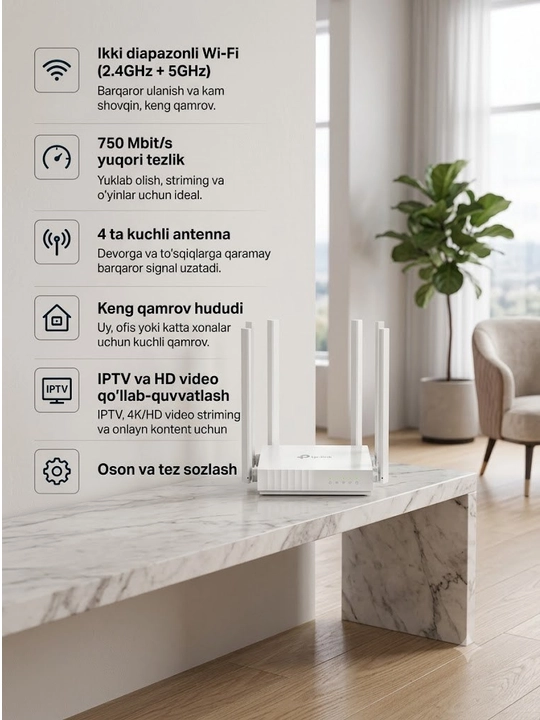 Wi-Fi router, TP-Link Archer C24, ikki diapazonli router, 5 GHz Wi-Fi - 