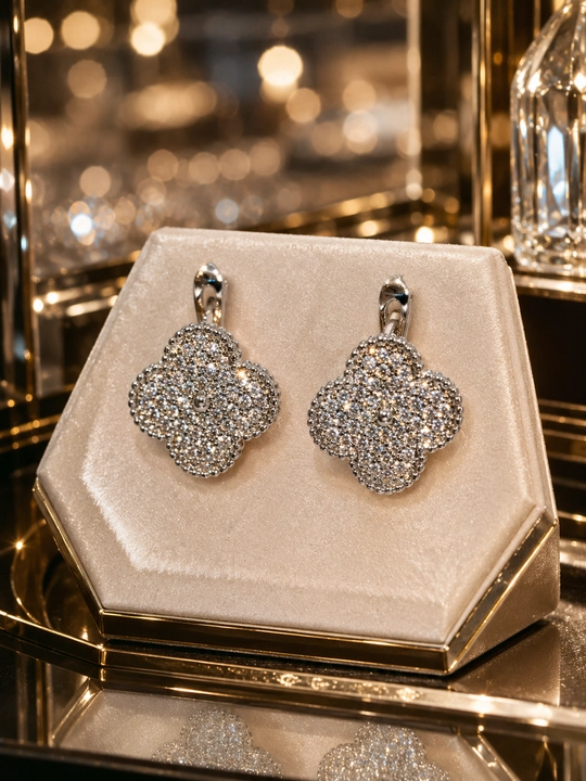 Серьги женские, Van Cleef, с фианитами, золотистые и серебристые