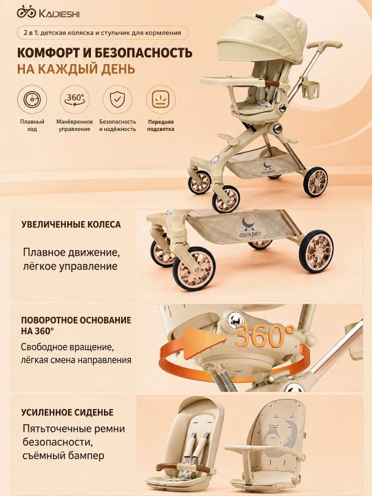 Bolalar aravachasi, yig‘iladigan, 360 ga aylanadigan, sayohatlar uchun