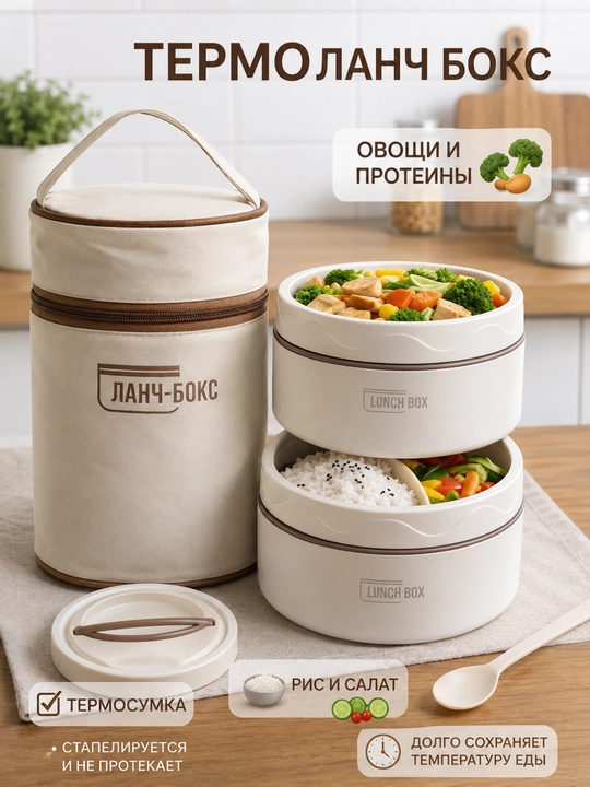 Lanchboks termos sumkali, zanglamas po‘lat, 2 dona, issiq ovqatlar uchun