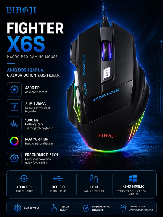Fighter X6S o‘yin sichqonchasi kompyuter uchun simli RGB sichqoncha - 
