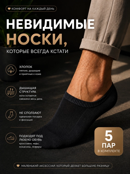 Носки-невидимки мужские и женские, унисекс, короткие, повседневные, комплект 2-5 пар - 