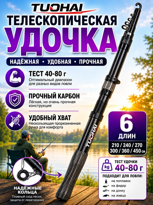 Удочка телескопическая для рыбалки TUOHAI, спиннинг для рыбалки - 