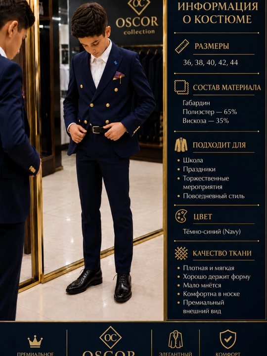 O‘g‘il bolalar uchun premium klassik kostyum pidjak va shim, to‘q ko‘k, 34–44 razmer