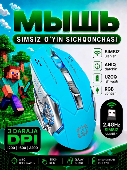 Беспроводная мышь для ПК и ноутбука, Bluetooth 5.1, 2.4G, RGB, Type-C, 3200 DPI, АКБ - 