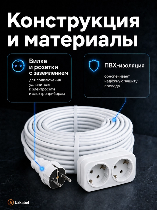 Удлинитель ПВС 3×2,5 мм², 2 розетки с заземлением, белый, 2–100 м