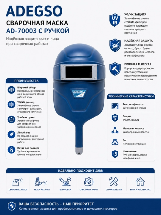 Сварочная маска ADEGSO AD-70003 с ручкой – затемнённое стекло с УФ/ИК фильтром - 
