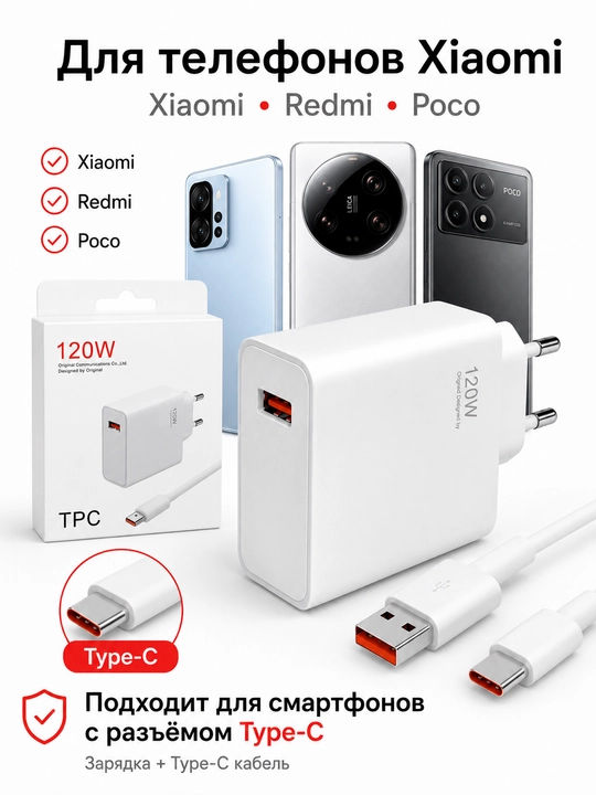 Зарядное устройство 45/120 Вт PD, USB-C, с кабелем 5A/6A – для Samsung и Xiaom