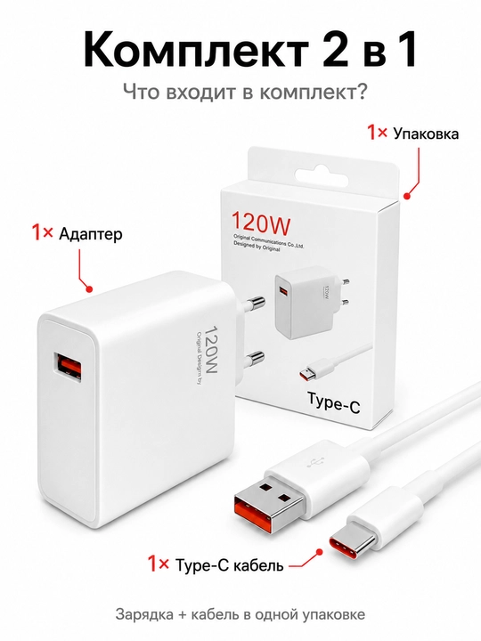 Зарядное устройство 45/120 Вт PD, USB-C, с кабелем 5A/6A – для Samsung и Xiaom