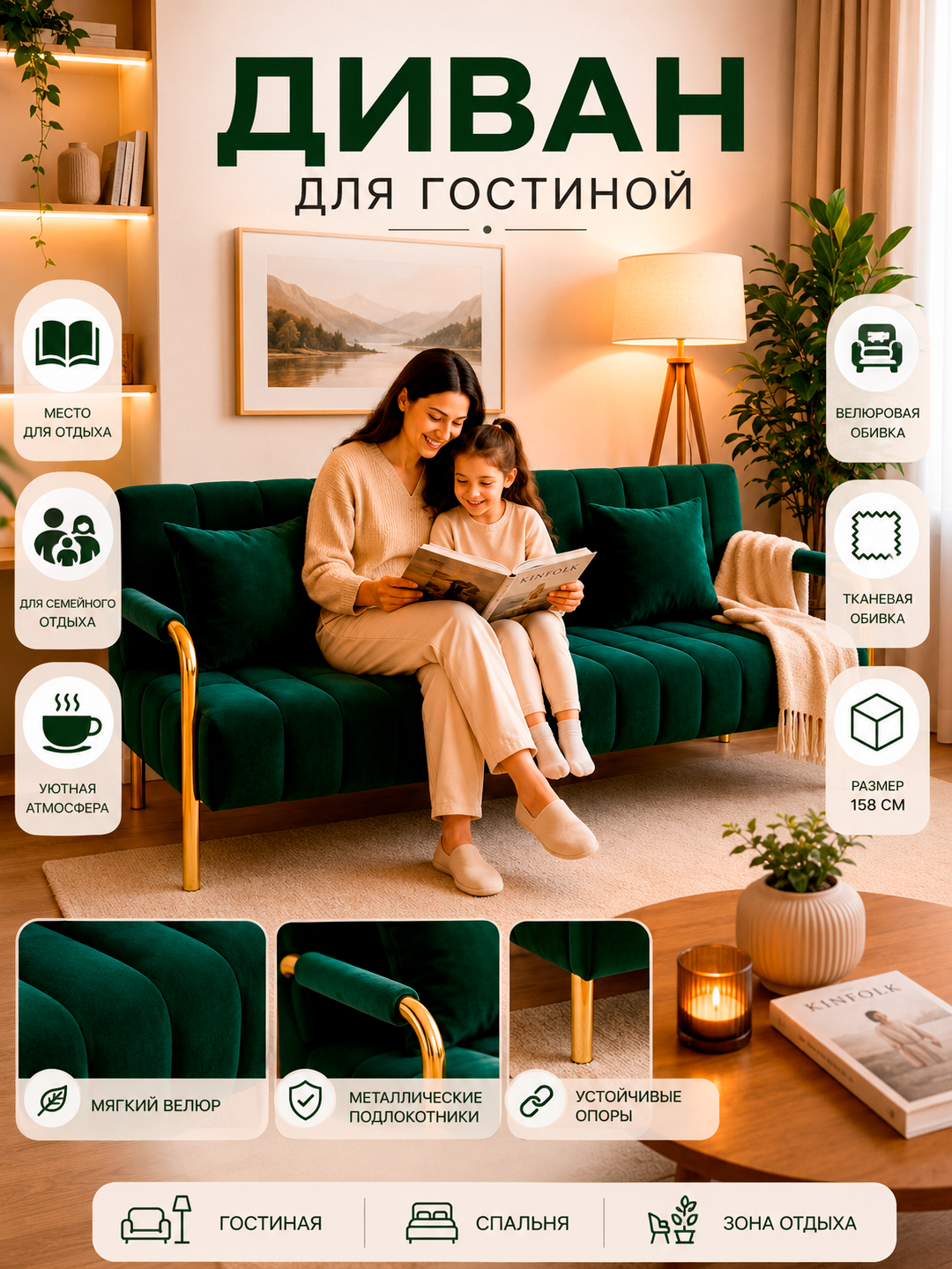Мягкий диван с велюровой обивкой, металлическим каркасом, 3-местный