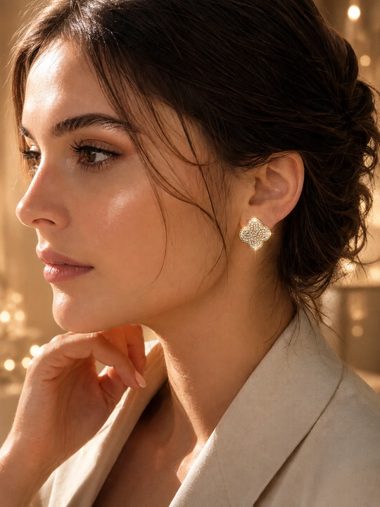 Серьги женские, Van Cleef, с фианитами, золотистые и серебристые