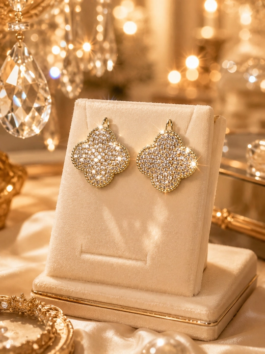 Серьги женские, Van Cleef, с фианитами, золотистые и серебристые