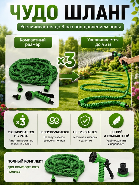 Чудо-шланг садовый для полива, растягивающийся до 45/30/22.5/15/7.5 м