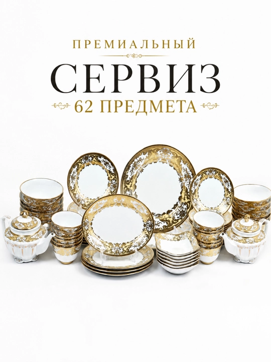 Подарочный сервиз из фарфора, 62 предмета на 12 персон с золотым декором