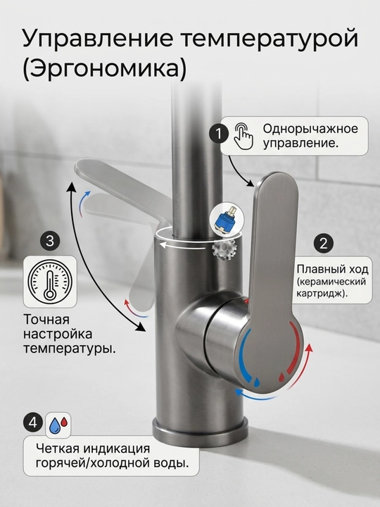 Innovatsion oshxona smesiteli 4 tasi 1 da, matoviy, 360° aylanuvchi, keramika kartridjli