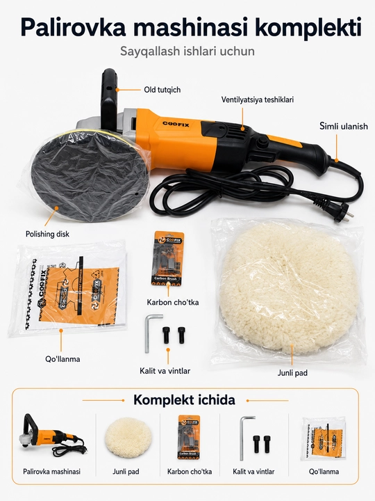 COOFIX elektr polirovka mashinasi, palirovka apparati, elektr silliqlagich 1300W 180mm