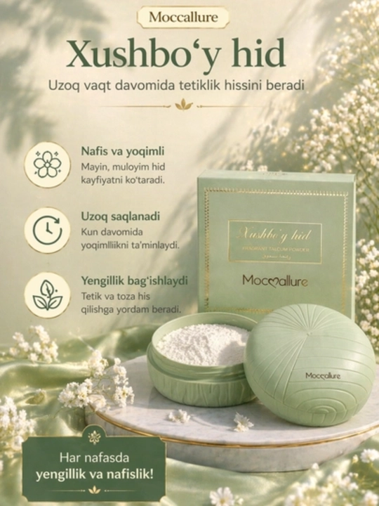 Ayollar uchun xushbo‘y talk, tana pudrasi Mocallure, 30 g, 100 g
