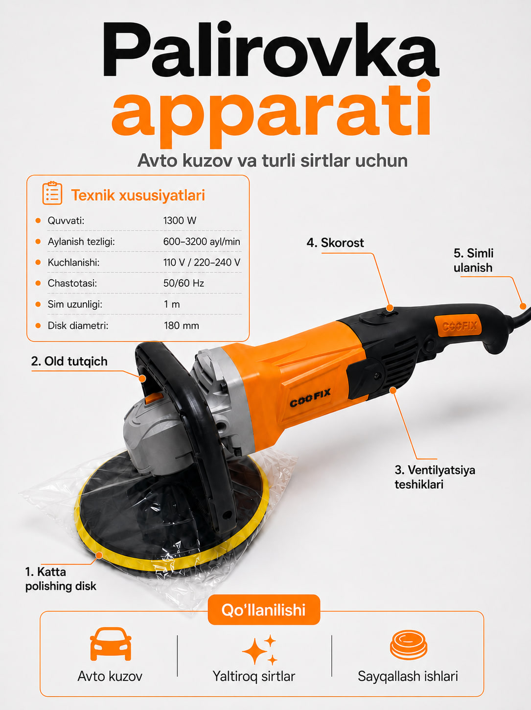 COOFIX elektr polirovka mashinasi, palirovka apparati, elektr silliqlagich 1300W 180mm - 