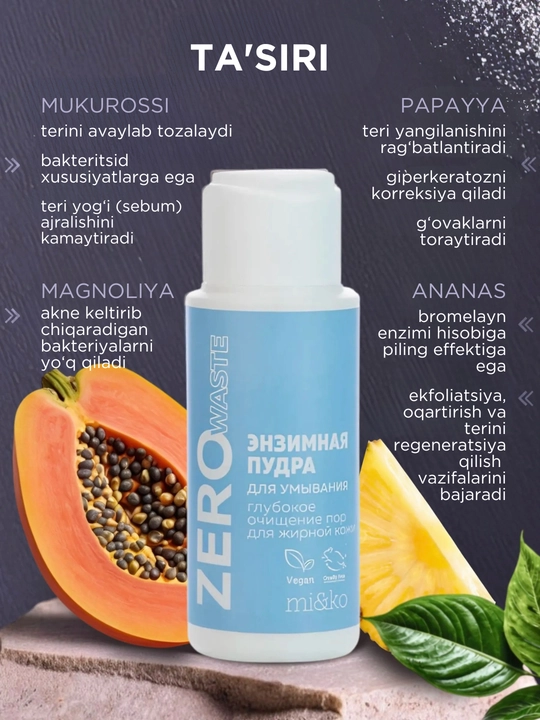 MI&KO yog'li yoki quruq teri uchun Zero Waste enzim tozalash upasi, 25 g, MIKO