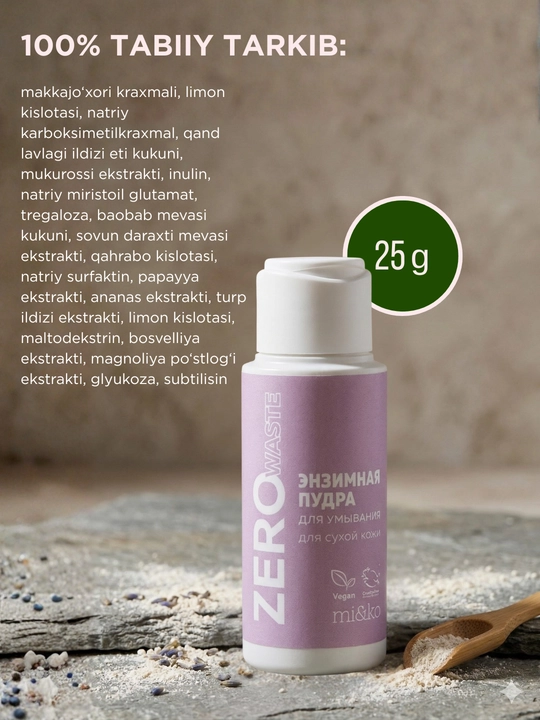 MI&KO yog'li yoki quruq teri uchun Zero Waste enzim tozalash upasi, 25 g, MIKO