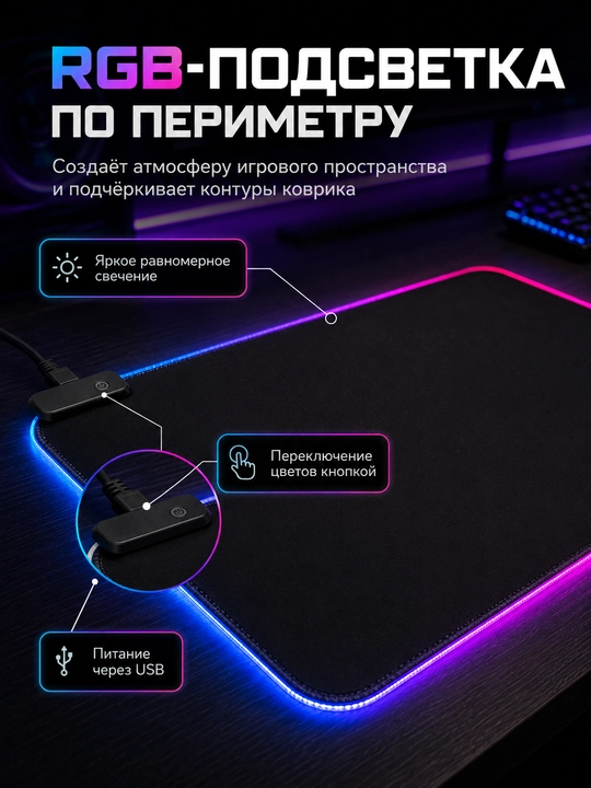Игровой коврик для мыши и клавиатуры T-WOLF RGB, чёрный