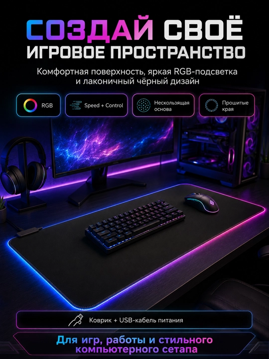 Игровой коврик для мыши и клавиатуры T-WOLF RGB, чёрный