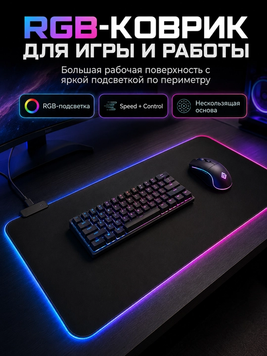 Игровой коврик для мыши и клавиатуры T-WOLF RGB, чёрный