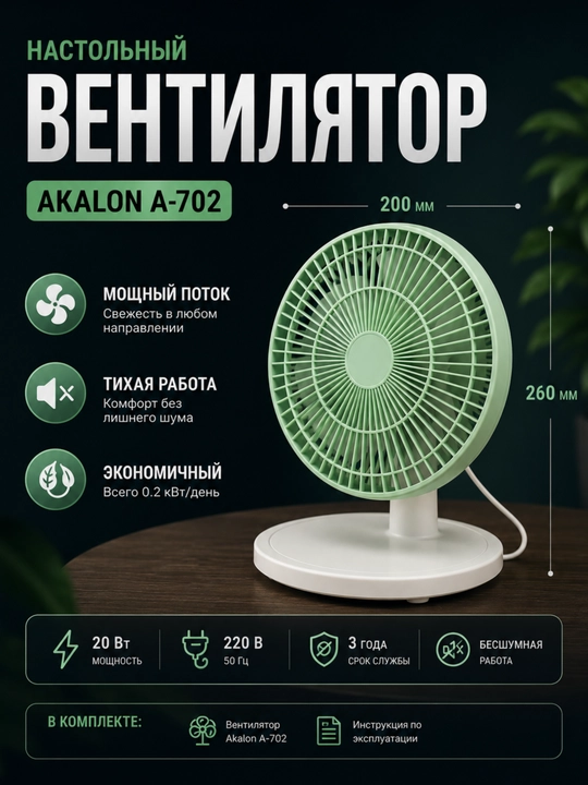 Вентилятор AKALON A-702, настольный вентилятор, тихий, 20Вт, 220В - 