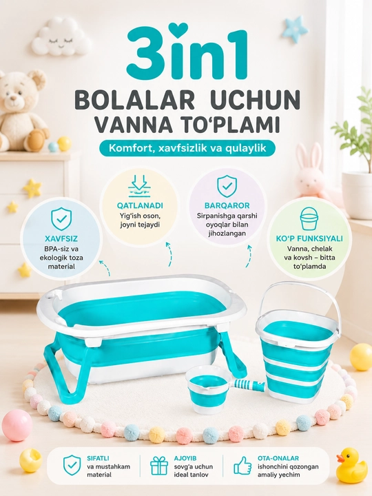 Детский складной набор для купания 3 в 1 – ванночка, ведро, ковшик - 
