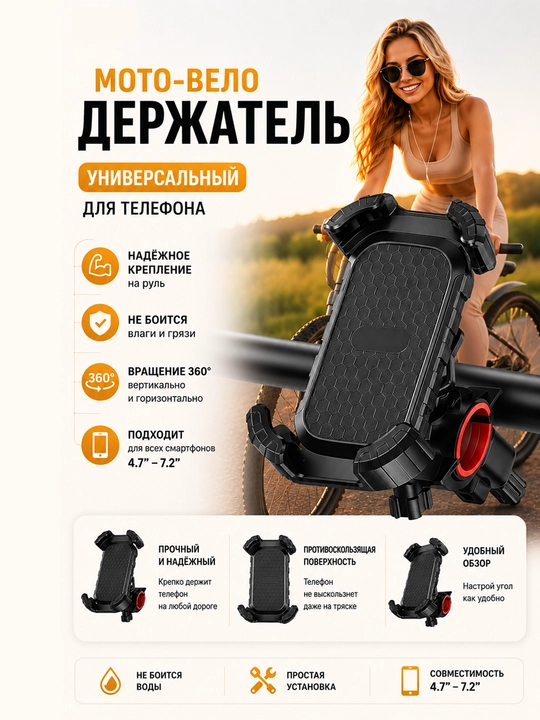 Держатель для телефона на велосипед и мотоцикл, универсальный велодержатель, вращение 360° - 