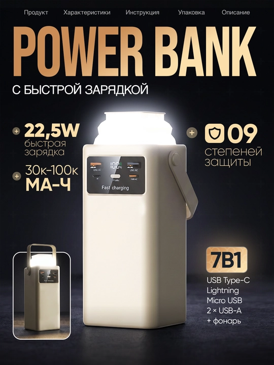Внешний аккумулятор power bank с быстрой зарядкой, 50000, 100000, 7 в 1
