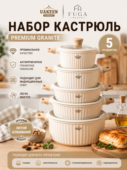 Набор премиальных гранитных казанов UAKEEN из 5 предметов с антипригарным покрытием - 