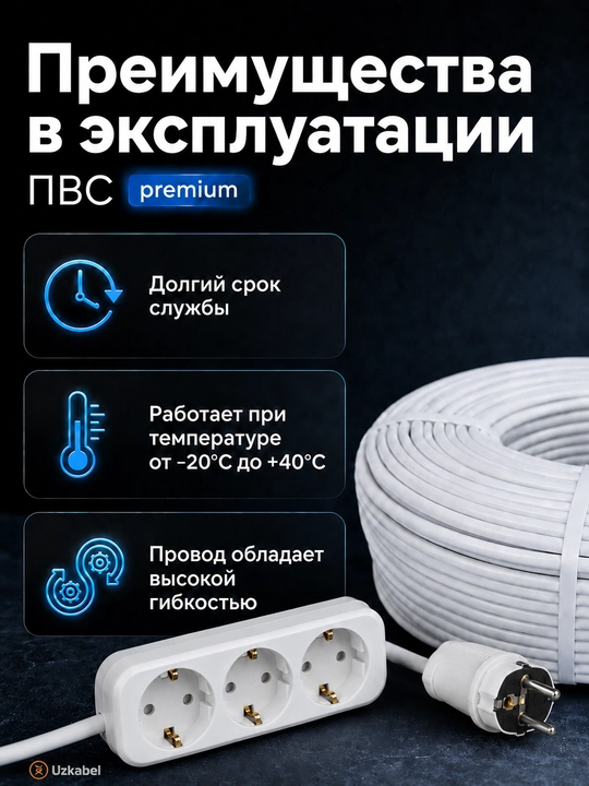 Удлинитель силовой ПВС 3×2,5 мм², 3 розетки с заземлением, белый, 2–100 м