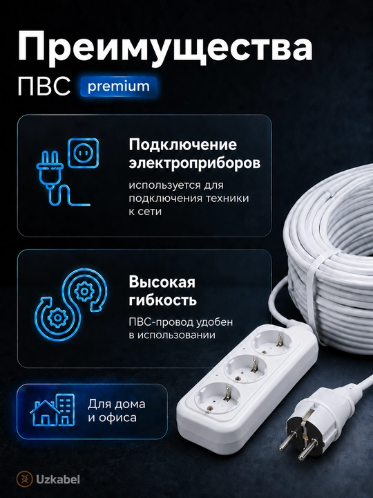 Удлинитель силовой ПВС 3×2,5 мм², 3 розетки с заземлением, белый, 2–100 м