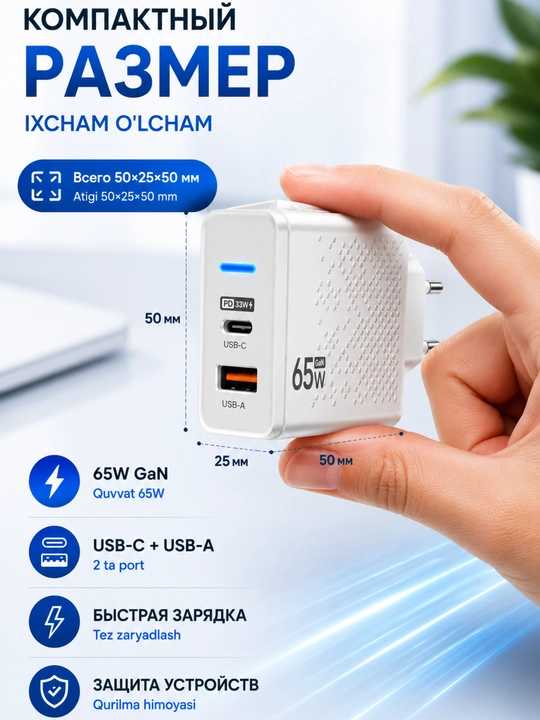 Сетевое зарядное устройство 65W GaN USB-C + USB-A