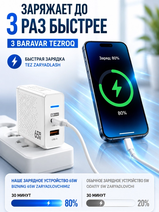 Сетевое зарядное устройство 65W GaN USB-C + USB-A
