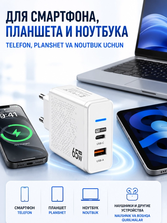 Сетевое зарядное устройство 65W GaN USB-C + USB-A
