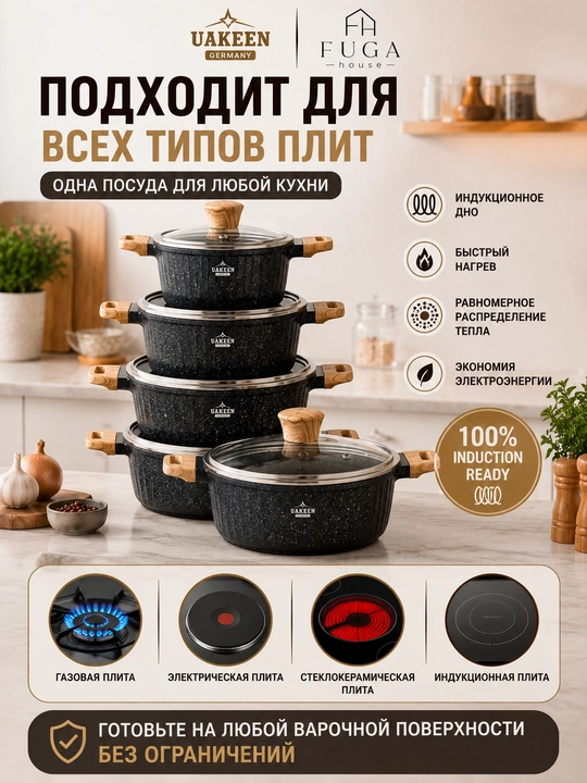 Набор премиальных гранитных казанов UAKEEN из 5 предметов с антипригарным покрытием