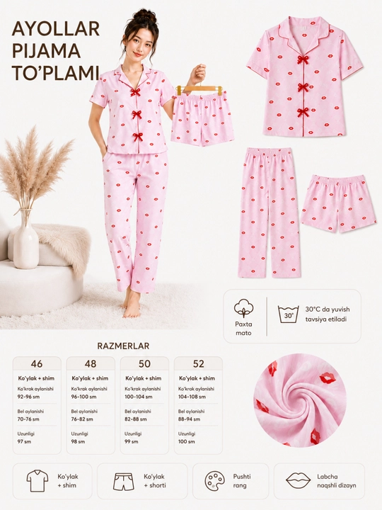 Ayollar uchun paxtali pijama to‘plami, yumshoq, qulay, 46-52 razmer