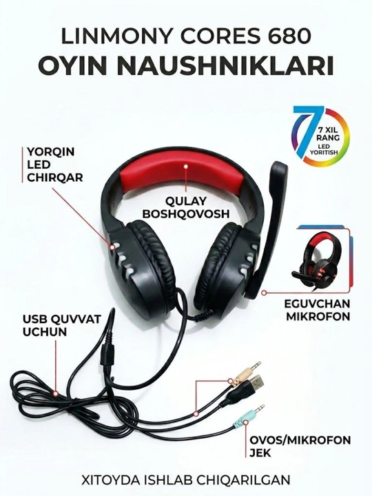 Gaming quloqchin, simli headset, mikrofonli quloqchin, PC quloqchin, LED quloqchin
