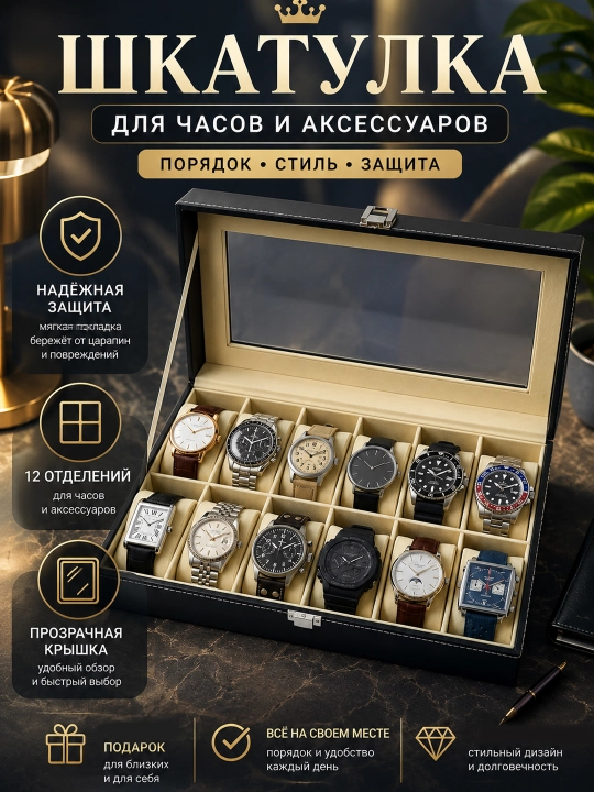 Шкатулка для украшений, органайзер для хранения колец, серег и бижутерии ЧАСОВ - 