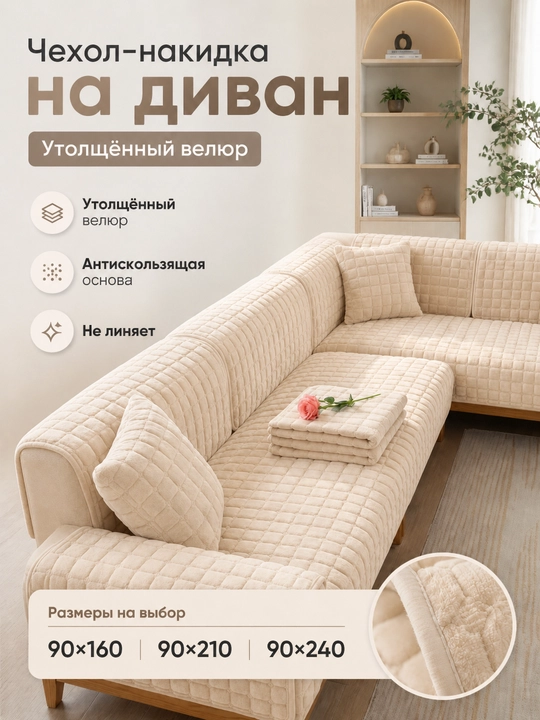 Чехол-накидка на диван велюр, антискользящая основа, 90×160/210/240 - 