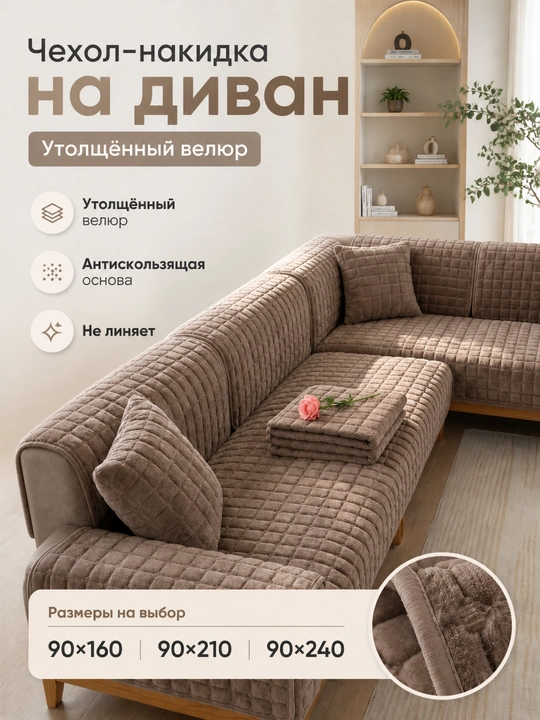Чехол-накидка на диван велюр, антискользящая основа, 90×160/210/240 - 