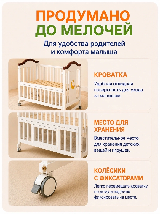 Детская кроватка, 2 в 1, с колыбелью, 120 × 60 см, из массива, матрас и подушка