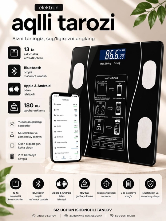 Tana uchun aqlli elektron tarozi, uy uchun, 180 kg gacha - 