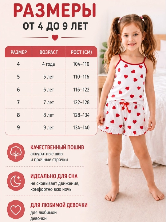Детская пижама для девочек, мягкий ХБ хлопок, 4–9 лет