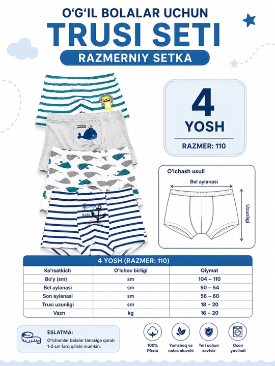 Трусы для мальчиков набор 4 шт, размер 110, хлопковые мягкие боксеры