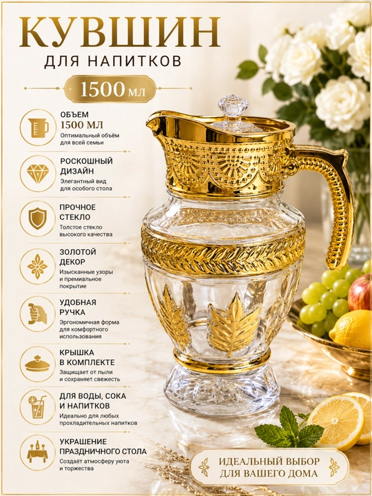 Grafin 1.5L shisha idish kompot  sok uchun,moxito grafin, xrustal - 